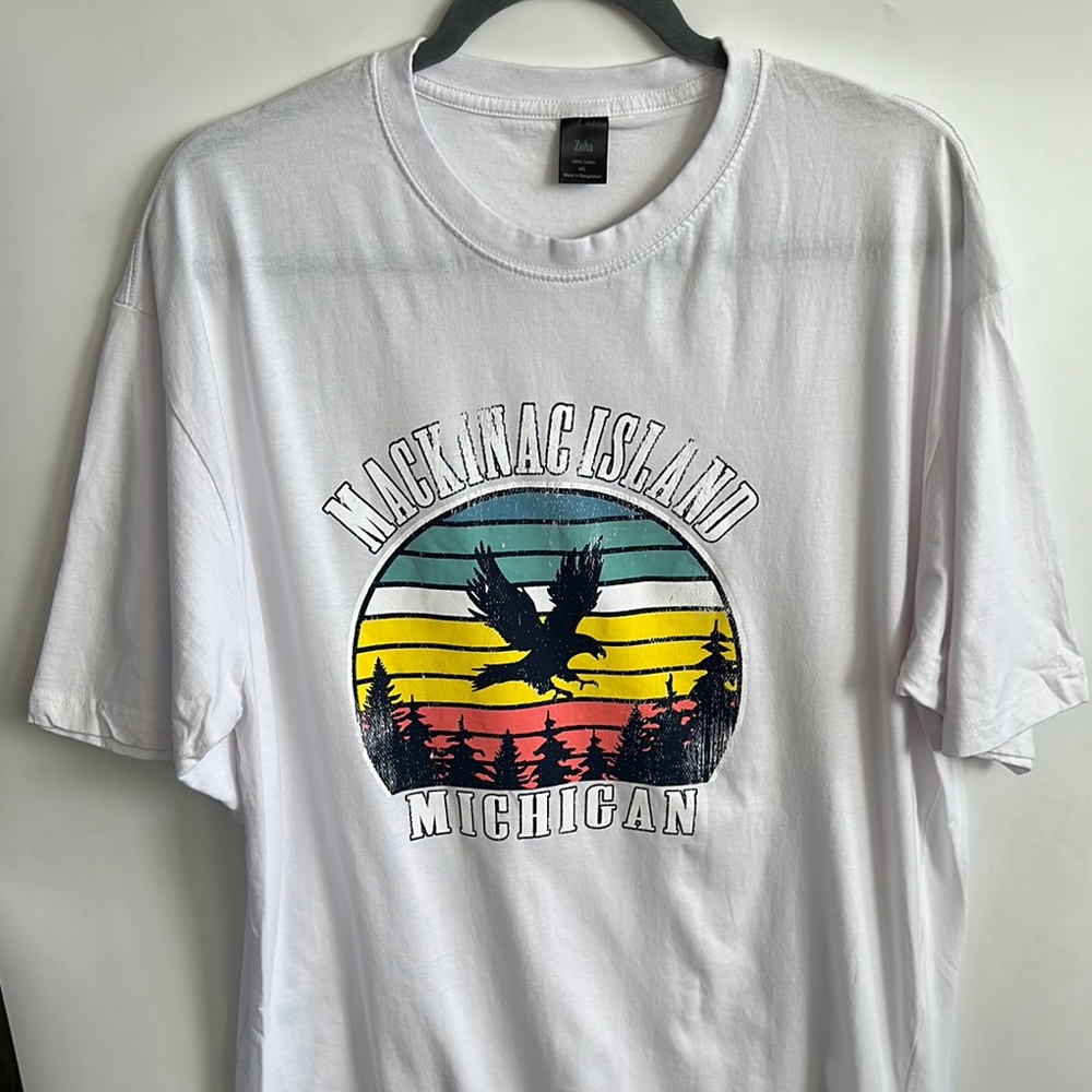 Mackinac Island White Short Sleeve Tee with Sunset Graphic